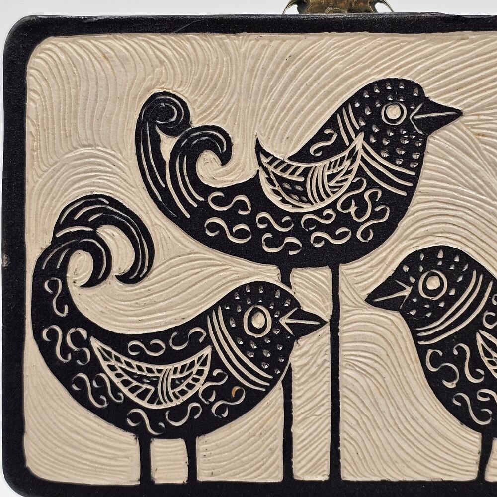 Folk Art Bird Tile Signed Black White Swirl Design 6.25x4.5 Framed Primitive - Picture 3 of 6
